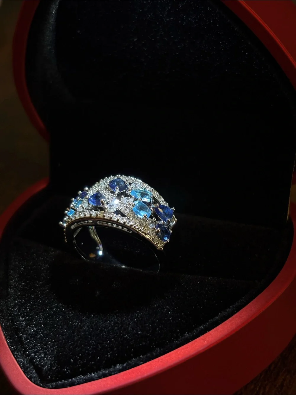 Silver Band Ring with Blue Gemstones and Clear Accents